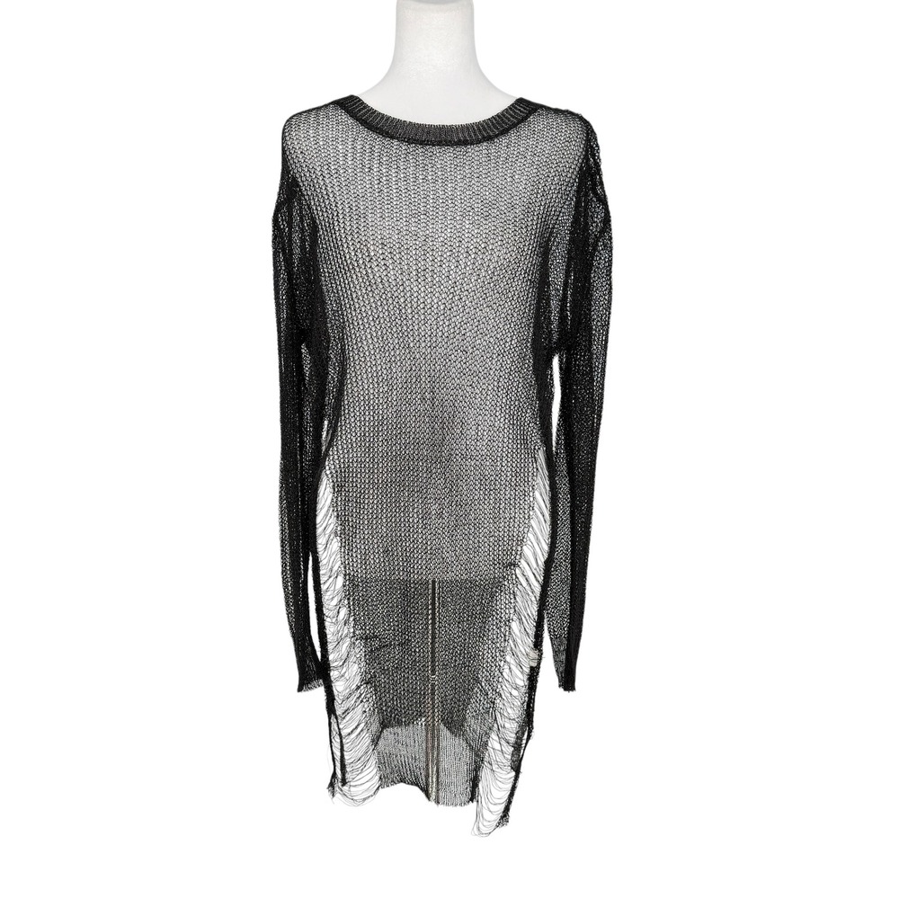 Black Sheer Mesh Distressed Knit Long Sleeve Top XL Grunge Goth Shredded